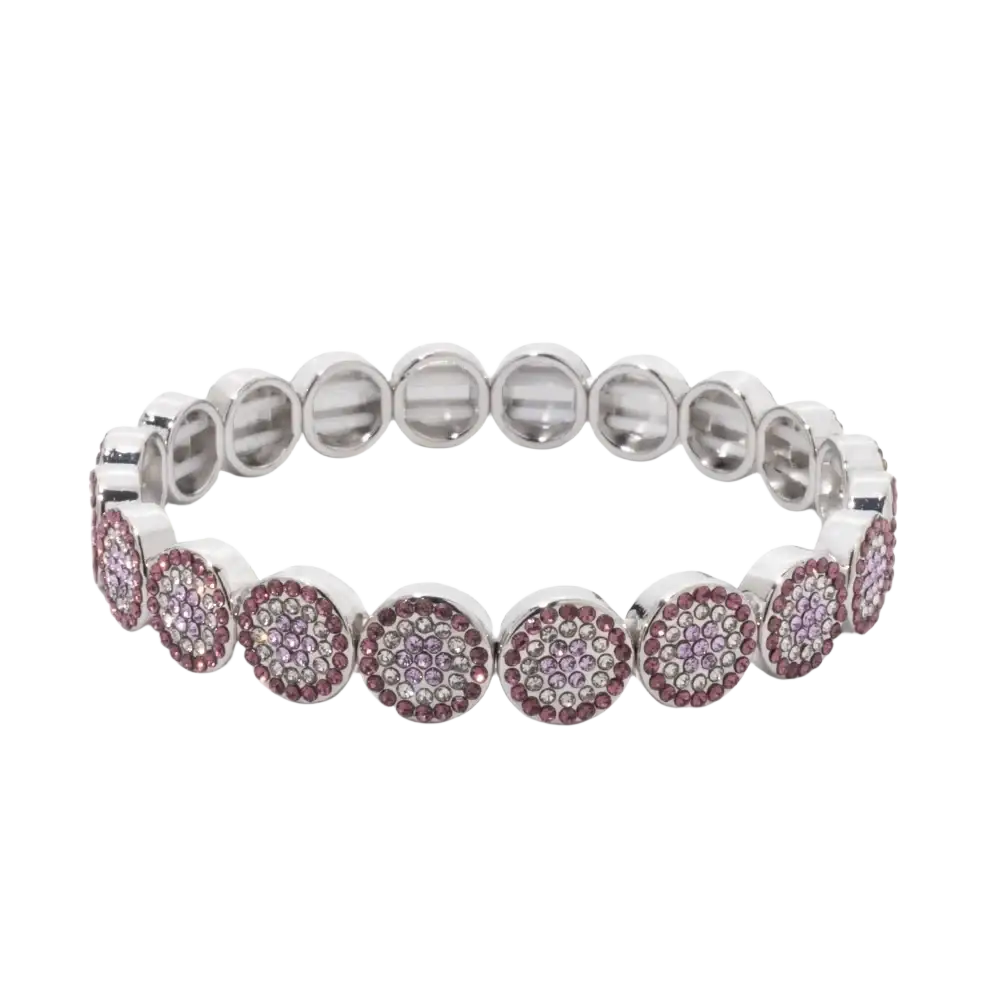 Gold color zinc alloy bangle style stretchy bracelet with pink and purple pave-set rhinestones on silver metal band