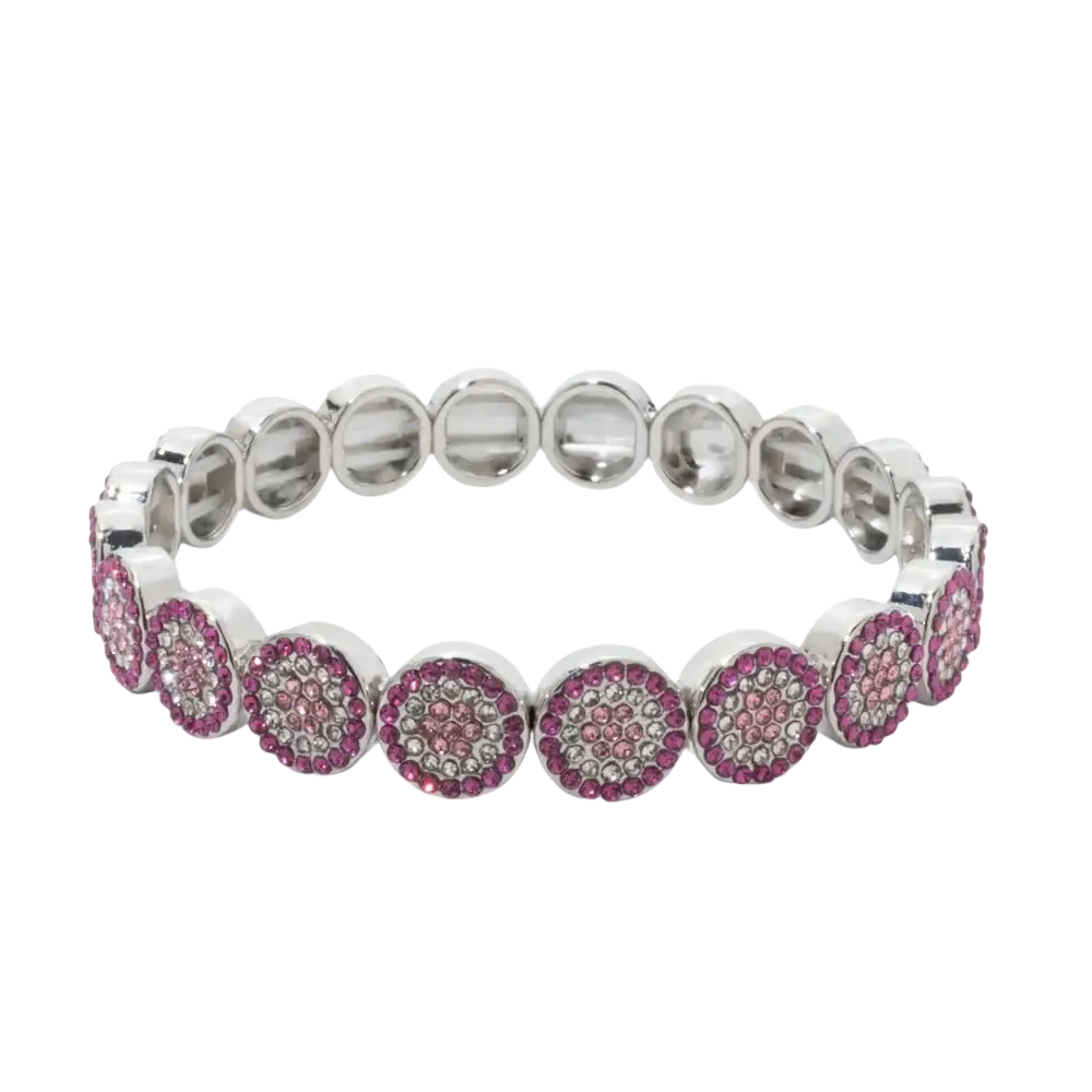 A stretchy silver bangle style crystal bracelet with pink and clear rhinestones made of gold color zinc alloy