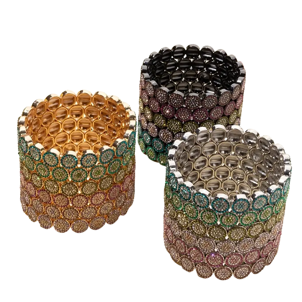 Three colorful gold color zinc alloy bangle style crystal bracelets with sparkling rhinestones in gradient patterns