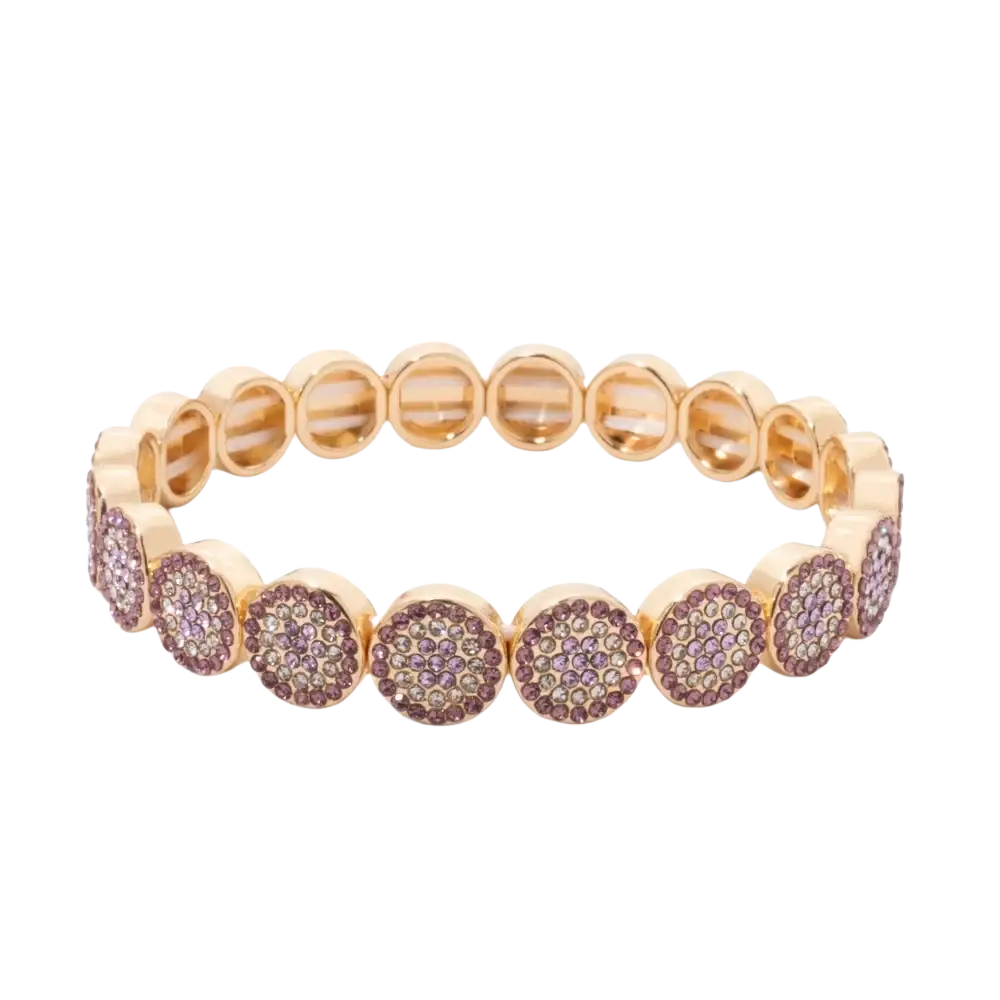 Gold color zinc alloy bangle style crystal bracelet with pave-set purple and clear circular crystals
