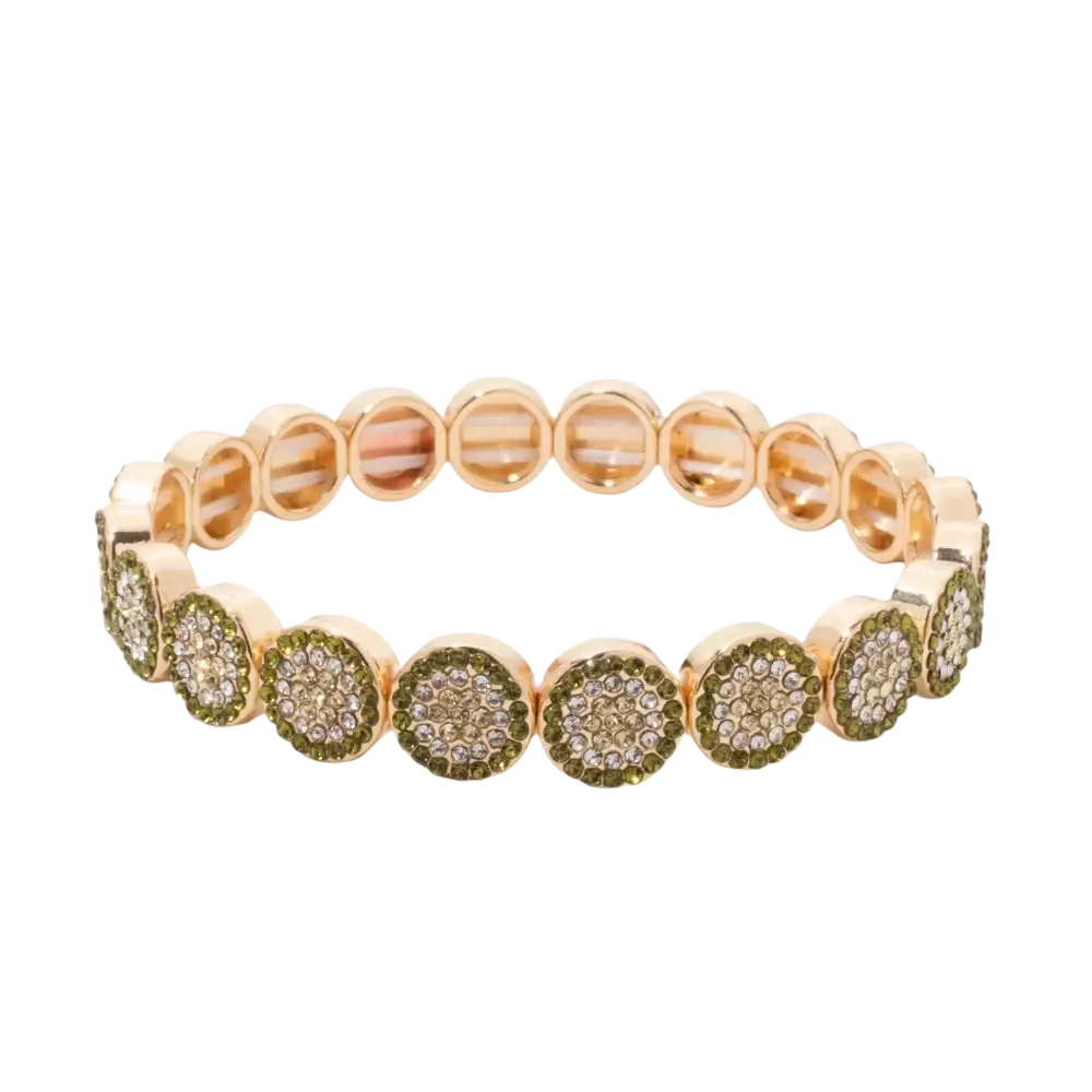 Gold color zinc alloy bangle style crystal bracelet with alternating clear and green pave gemstone segments