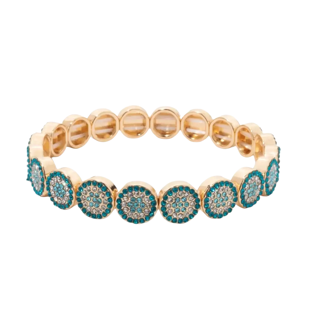 Gold color zinc alloy bangle style crystal bracelet with stretchy band and circular turquoise rhinestone clusters