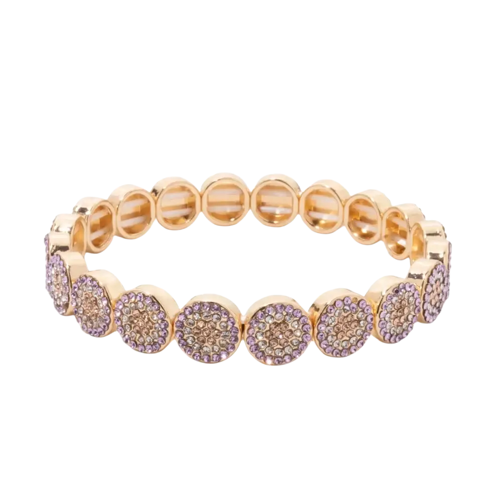 Gold color zinc alloy bangle style bracelet with stretchy circular segments adorned with purple and clear crystals