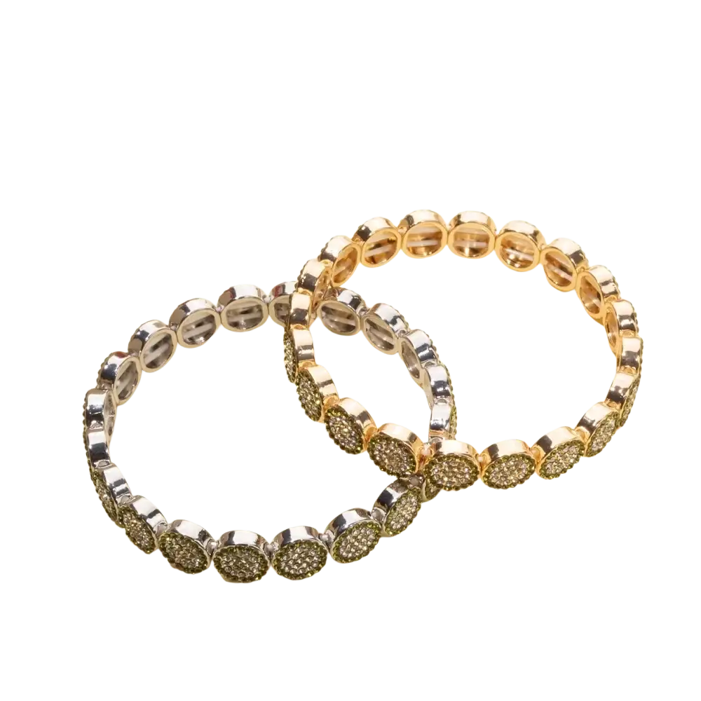 Two elegant bangle style crystal bracelets in gold color zinc alloy with sparkling green rhinestone clusters