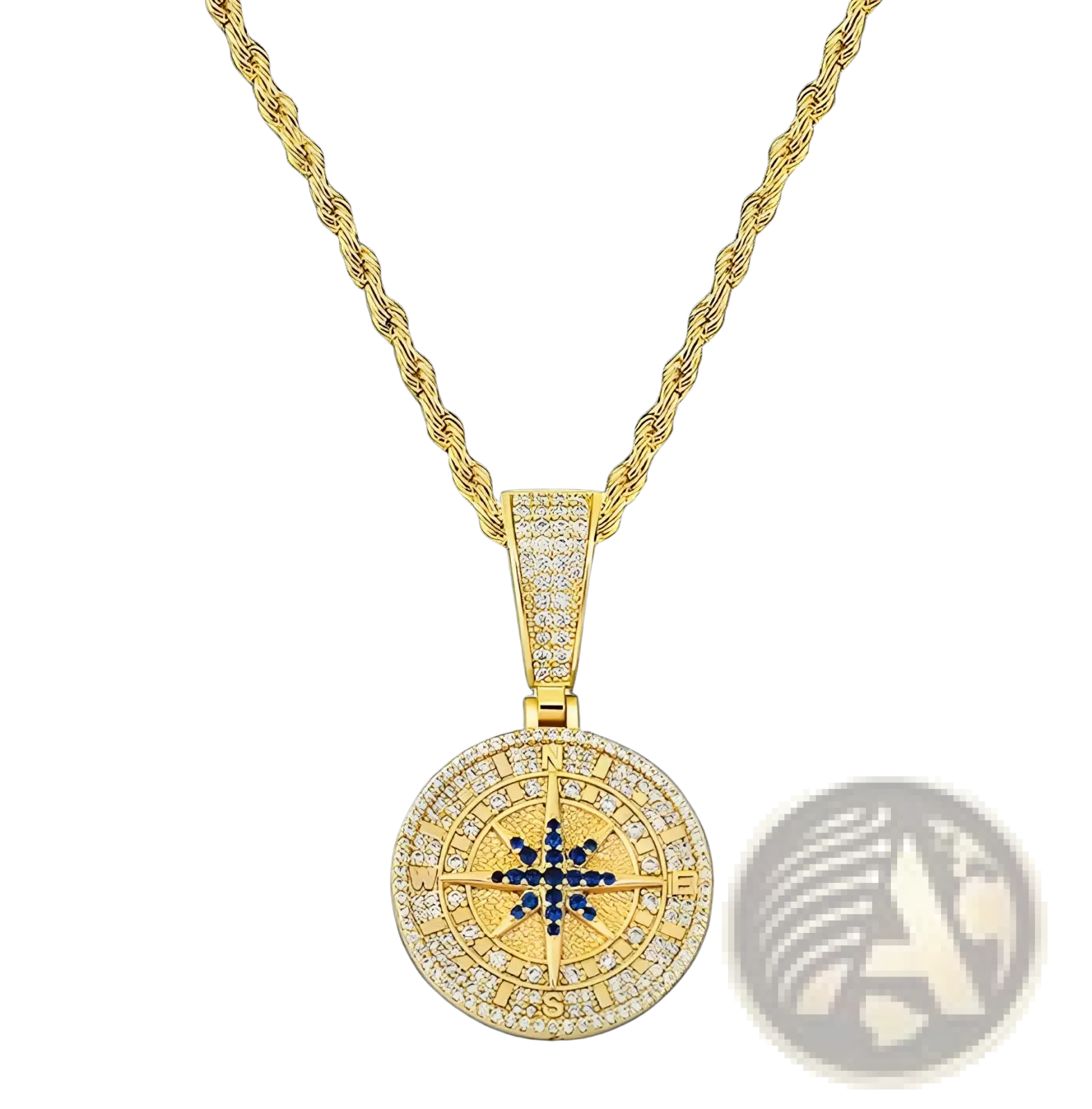 Gold compass pendant necklace with diamond-encrusted face featuring blue and clear gemstone directional markings
