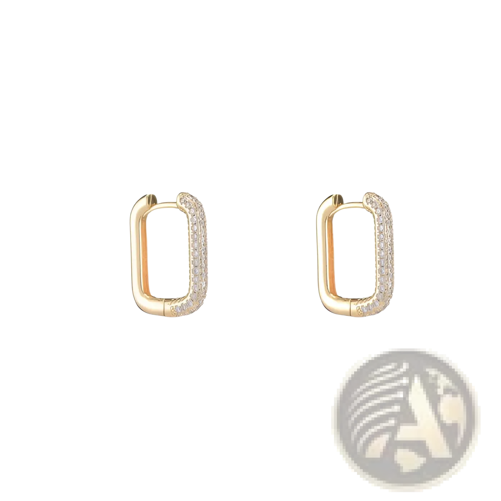 Gold crystal pave rectangular hoop earrings in gold tone with clear crystals along outer edges for elegant wear