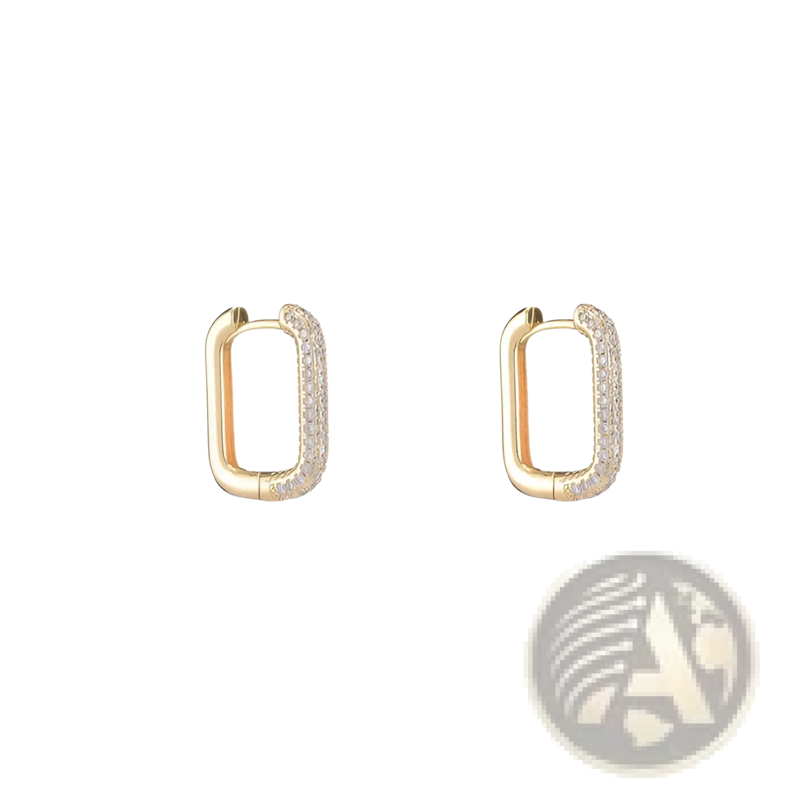 Gold crystal pave rectangular hoop earrings in gold tone with clear crystals along the outer edges