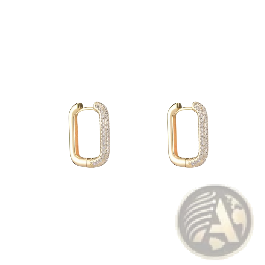 Gold crystal pave rectangular hoop earrings in gold tone with clear crystals along the outer edges