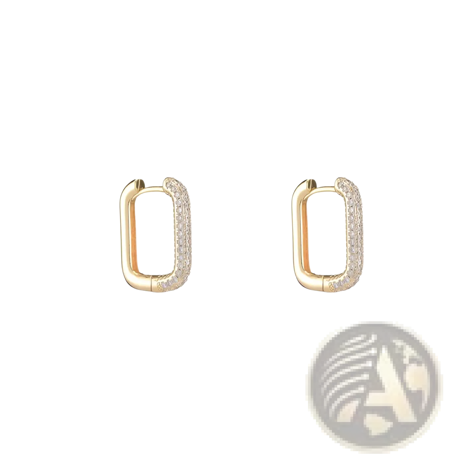 Gold crystal pave rectangular hoop earrings in gold tone with clear crystals along the outer edges
