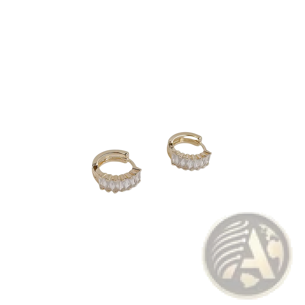 Gold crystal pave rectangular hoop earrings feature gold-toned huggie hoops with clear rectangular-cut stones