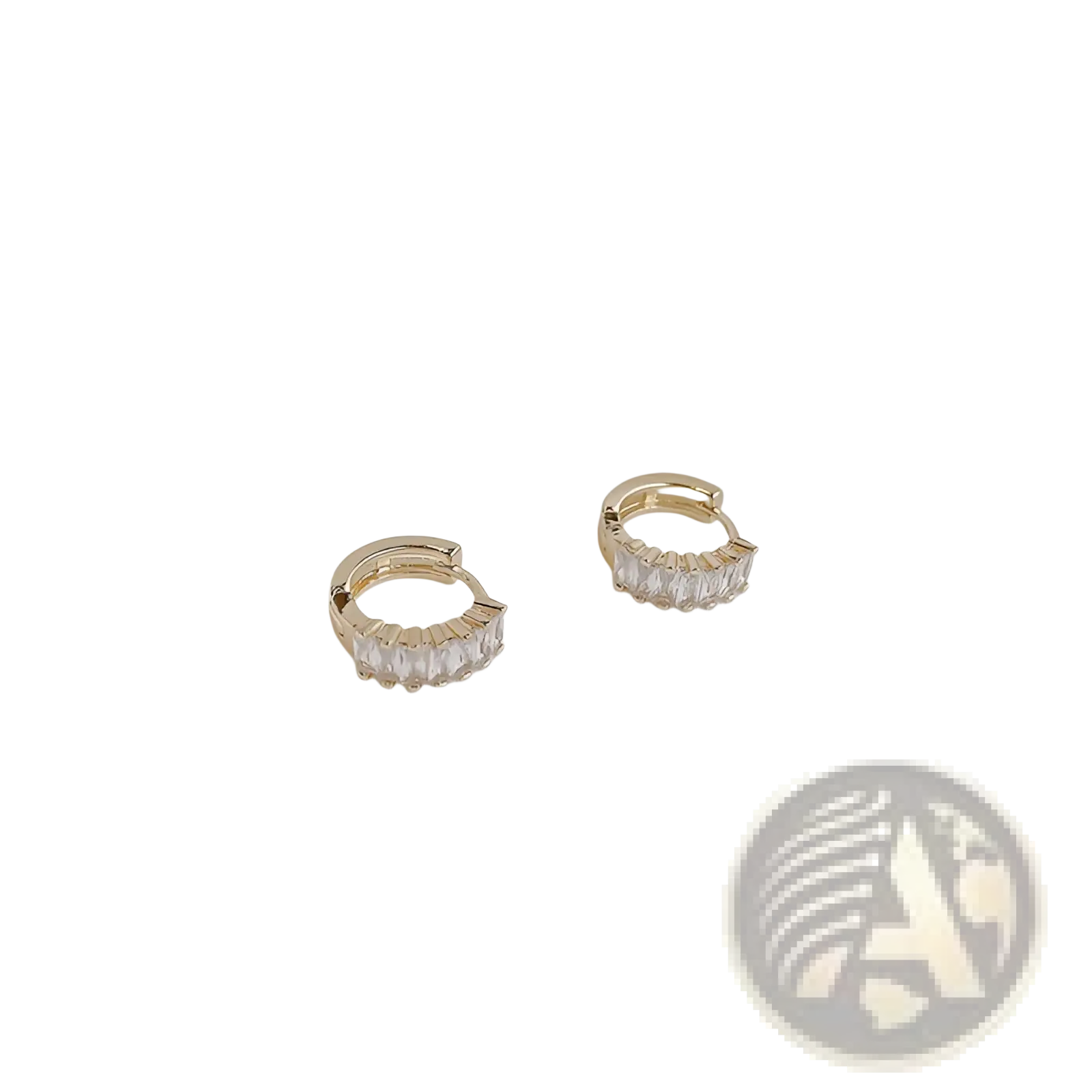 Gold crystal pave rectangular hoop earrings feature gold-toned huggie hoops with clear rectangular-cut stones