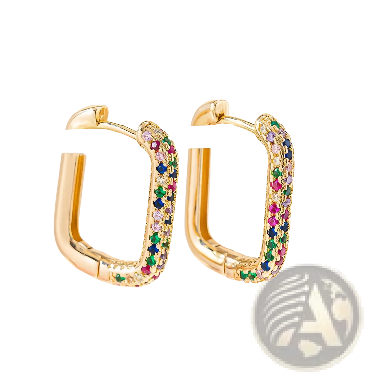 Gold crystal pave rectangular hoop earrings with gold tone and vibrant multicolored cubic zirconia stones