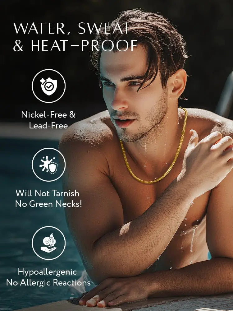 18k gold plated 5mm stainless steel Cuban link necklace in gold worn by a man in water