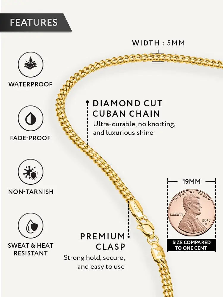 18k gold plated 5mm stainless steel cuban link necklace with gold-colored diamond cut design and premium clasp