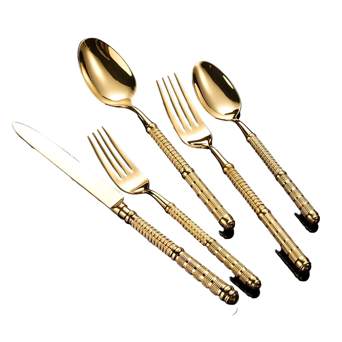 Gold cutlery set 5 piece stainless steel tableware with textured braided handles and polished golden blades
