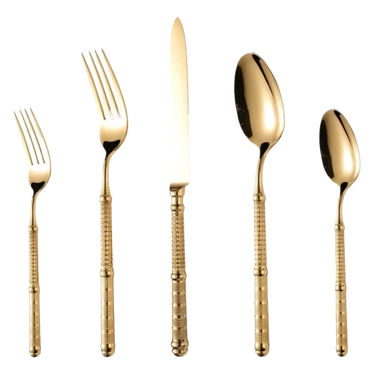 Gold cutlery set 5 piece stainless steel tableware with golden bamboo inspired textured handles for dining use