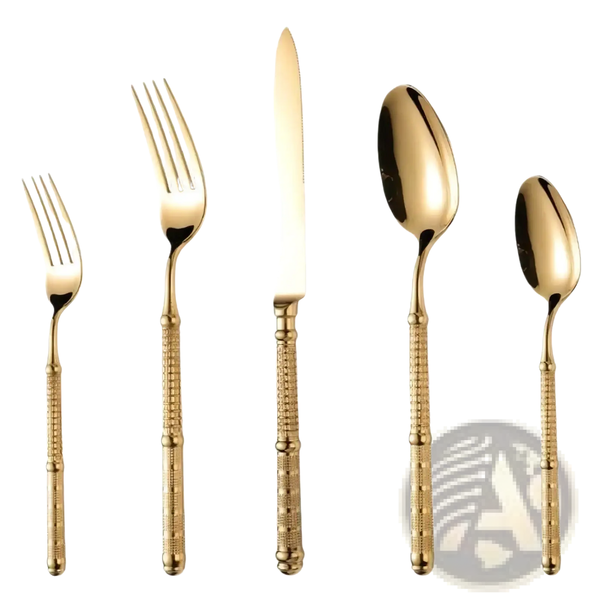 Gold cutlery set 5 piece stainless steel tableware with golden bamboo inspired textured handles for dining use