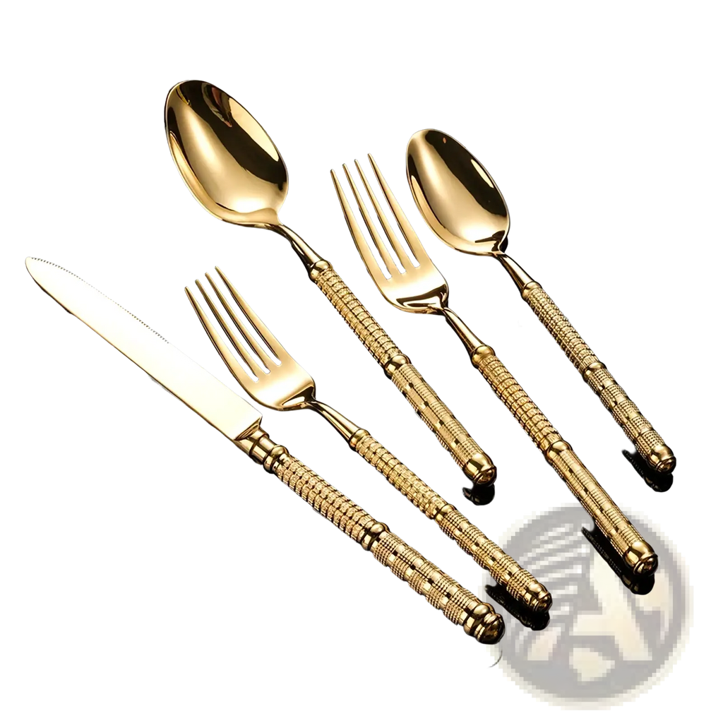 Gold cutlery set 5 piece stainless steel tableware with textured braided handles and polished golden blades