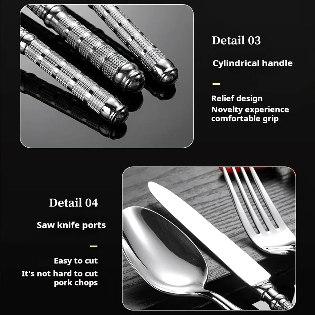 Gold cutlery set 5 piece stainless steel tableware with shiny cylindrical handles and textured relief design for grip
