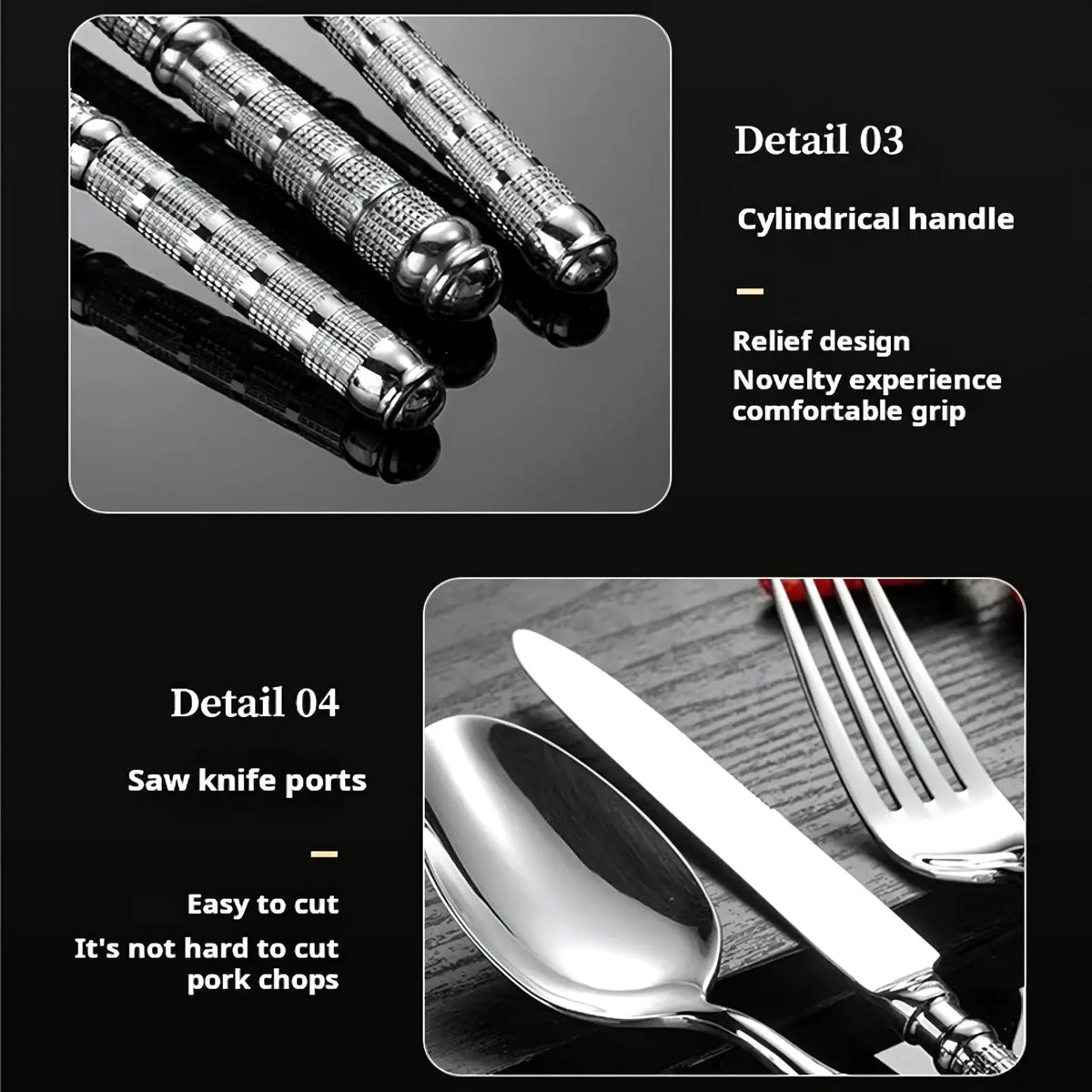 Gold cutlery set 5 piece stainless steel tableware with shiny cylindrical handles and textured relief design for grip