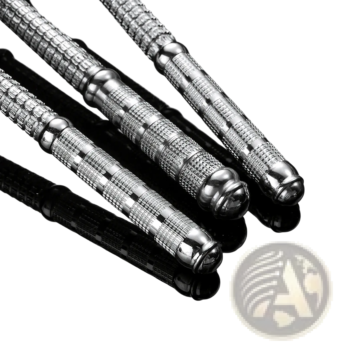 Silver-toned stainless steel nutcrackers with diamond-cut texture and polished spherical ends in gold cutlery set 5 piece