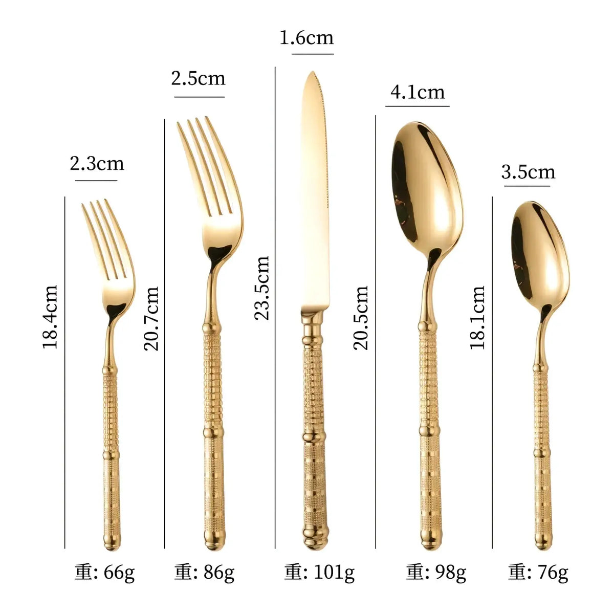 Gold cutlery set 5 piece stainless steel tableware with gold-toned textured bamboo-inspired handles and polished blades