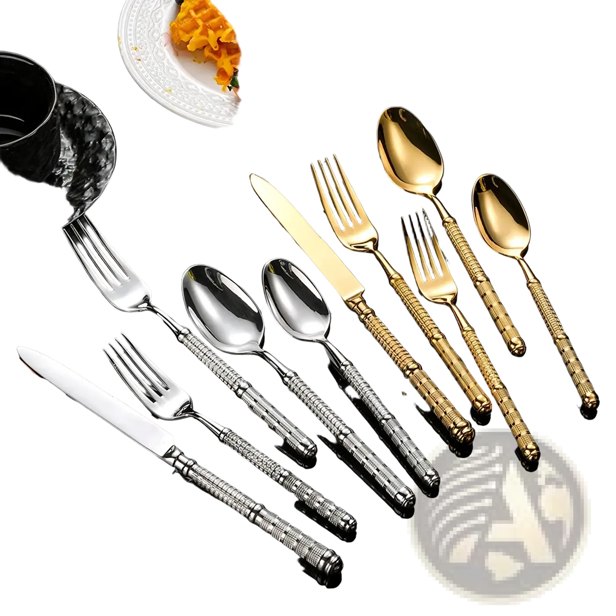 Two-tone gold and silver stainless steel cutlery set with textured patterned handles for elegant tableware use