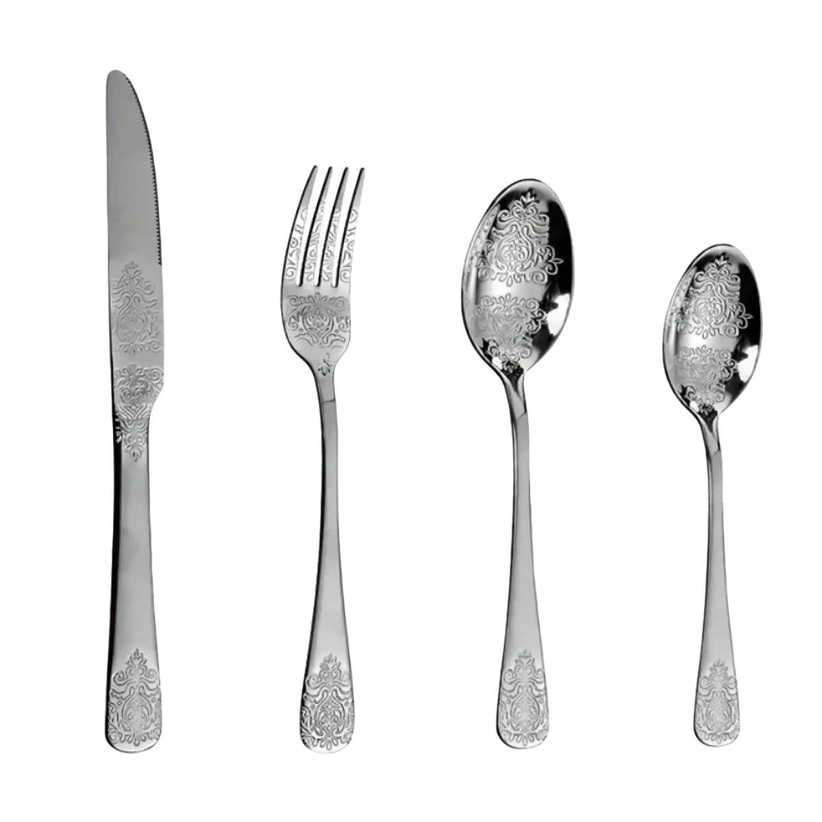 Elegant silver-toned stainless steel gold cutlery set with intricate damask floral patterns on handles and bowls