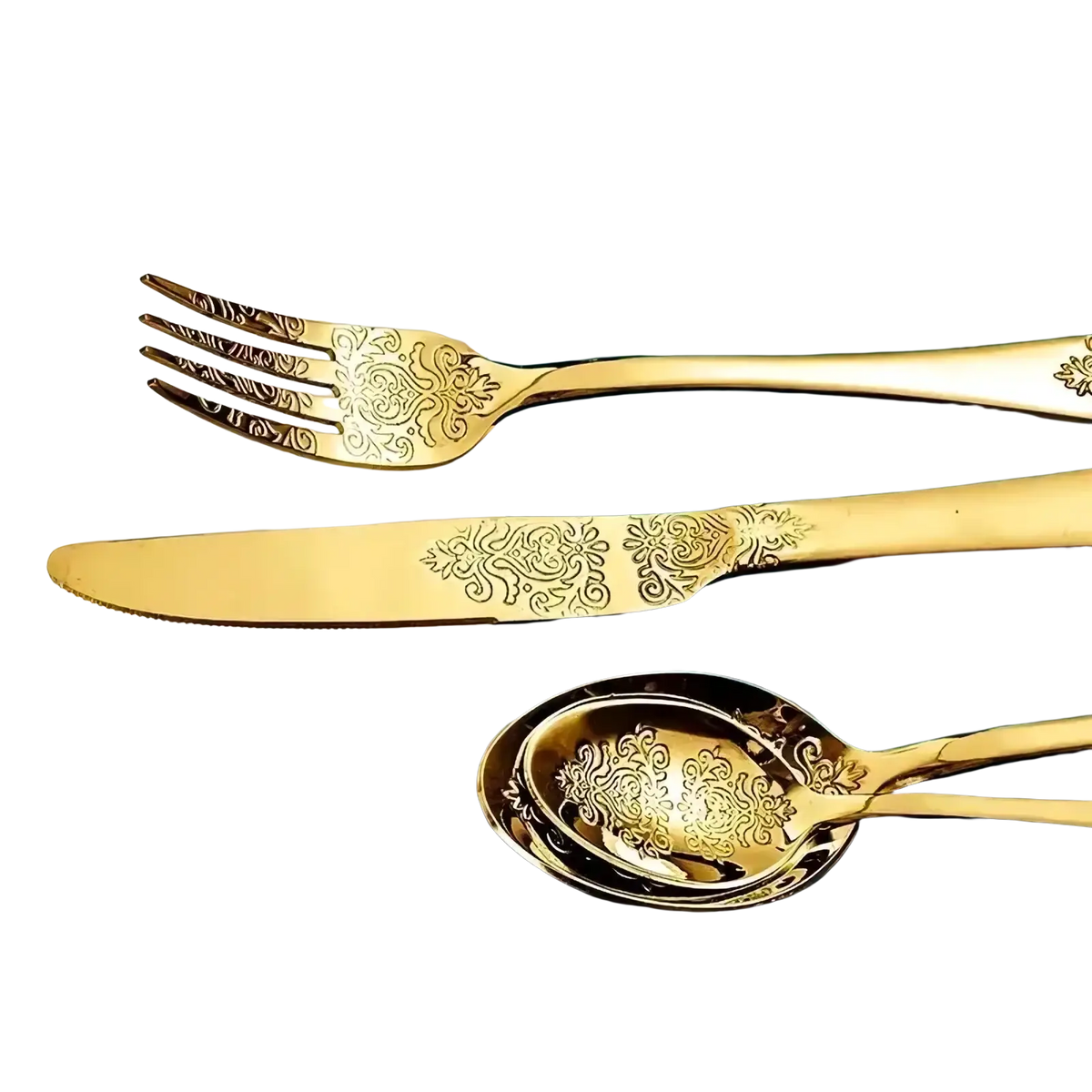 Gold cutlery set stainless steel flatware with intricate floral engravings on golden handles and bowls