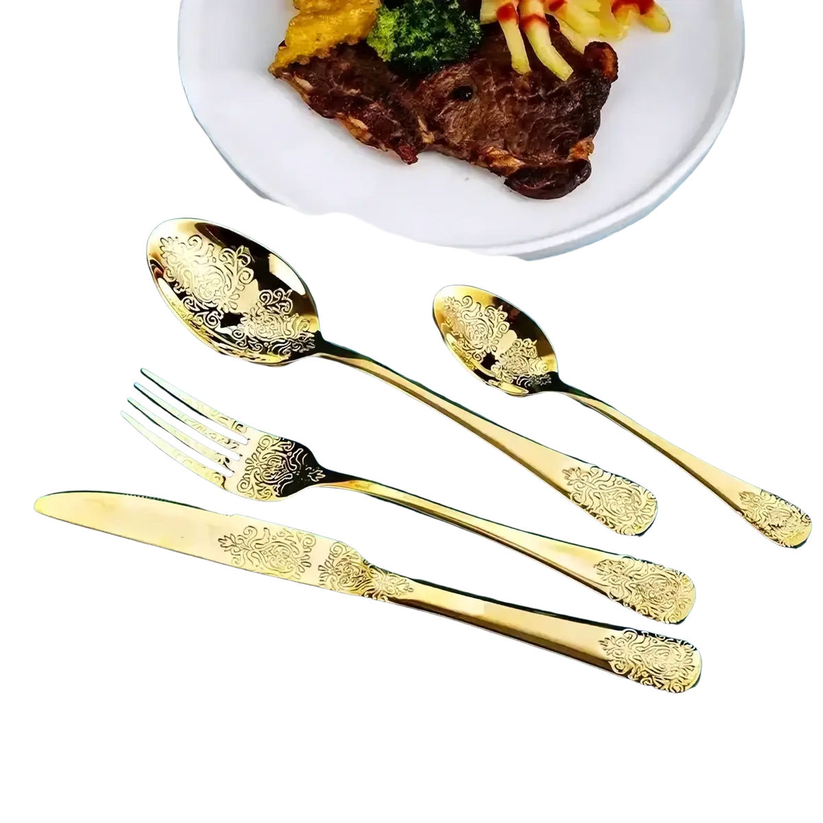 Gold cutlery set stainless steel with intricate floral engravings on handles and bowls for elegant flatware use