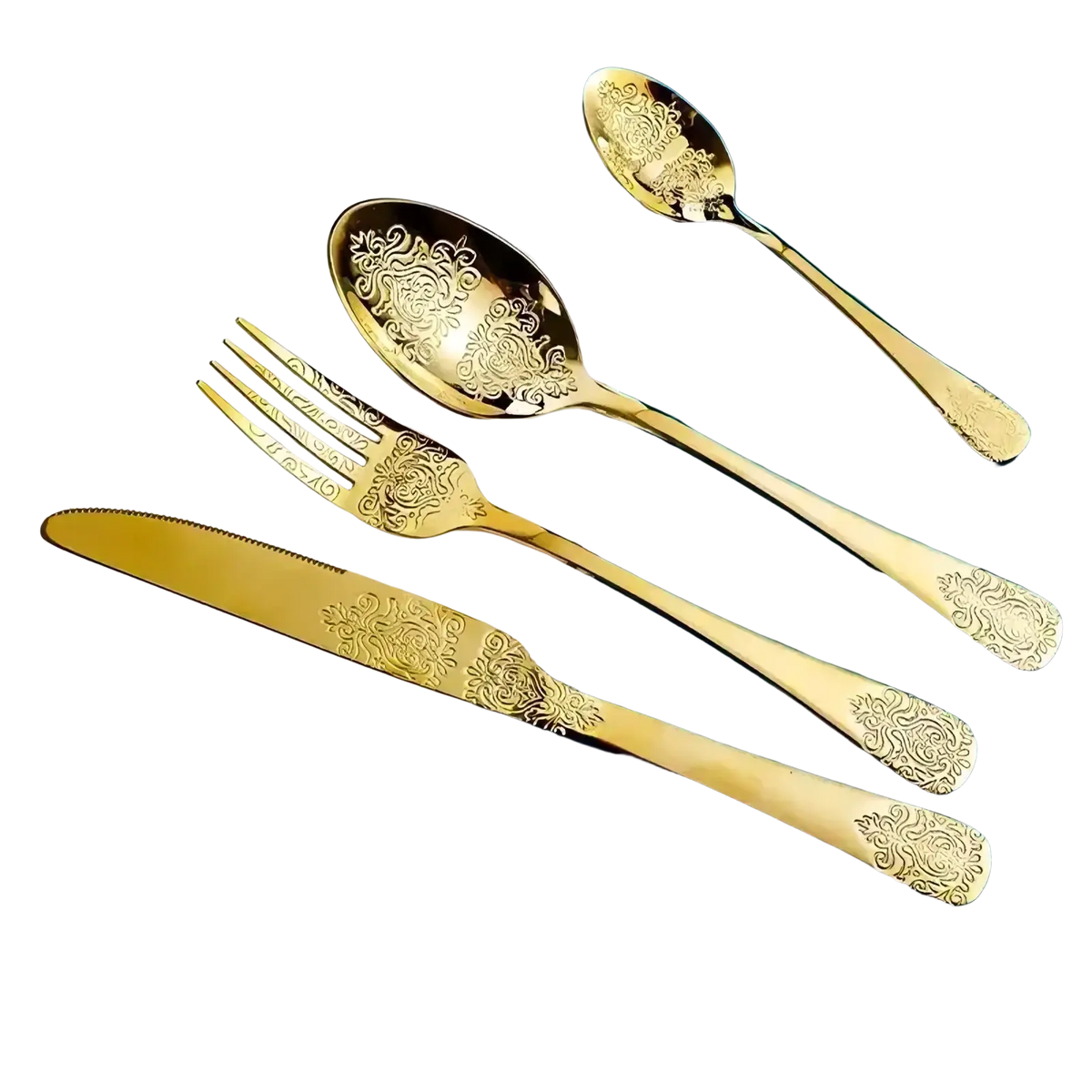 Gold cutlery set stainless steel floral flatware featuring intricate gold floral engravings on each piece