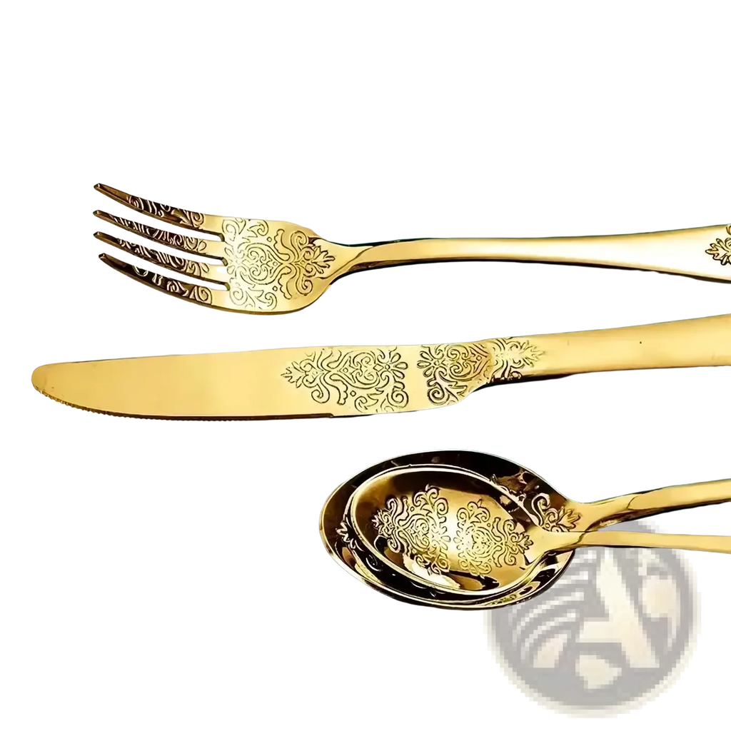 Gold cutlery set stainless steel flatware with intricate floral engravings on golden handles and bowls