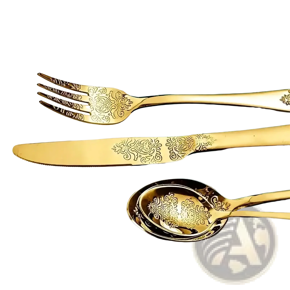 Gold cutlery set stainless steel flatware with intricate floral engravings on golden handles and bowls