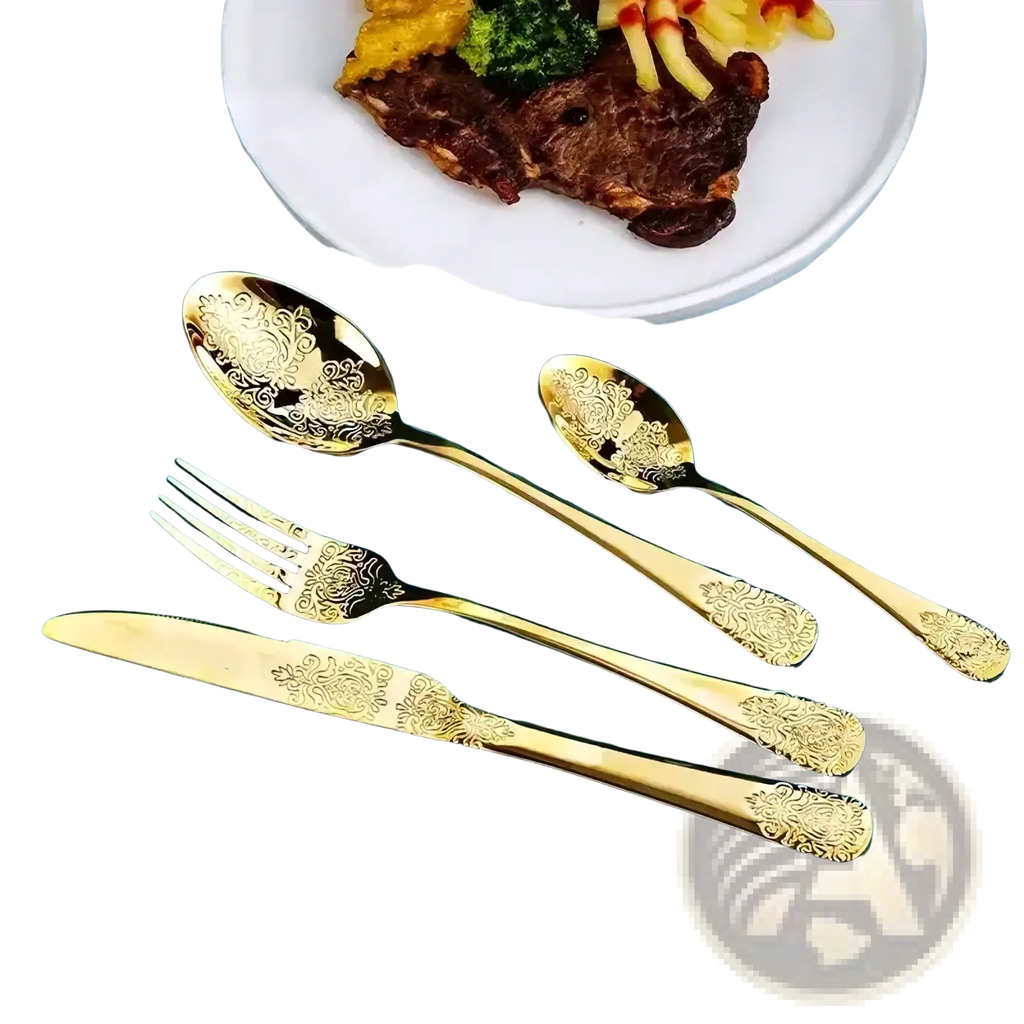 Gold cutlery set stainless steel with intricate floral engravings on handles and bowls for elegant flatware use