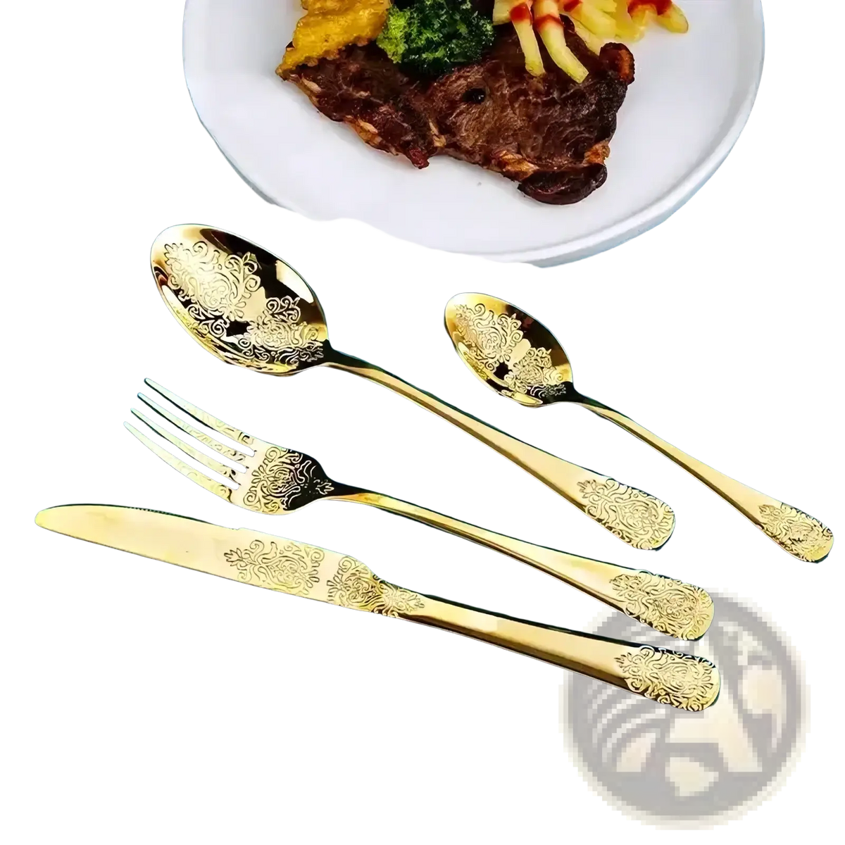 Gold cutlery set stainless steel with intricate floral engravings on handles and bowls for elegant flatware use
