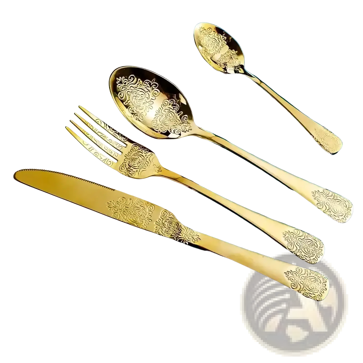 Gold cutlery set stainless steel floral flatware featuring intricate gold floral engravings on each piece