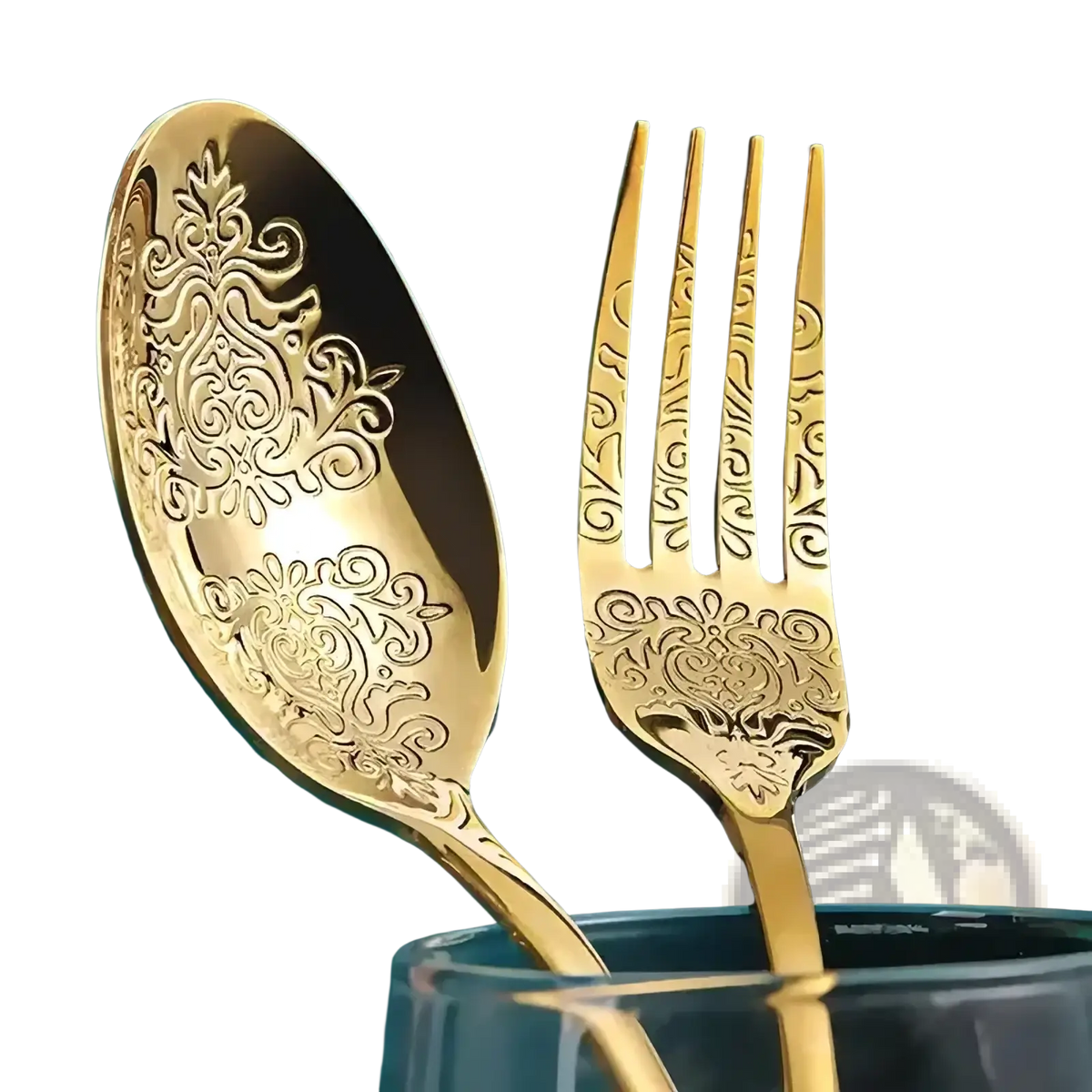 Gold cutlery set stainless steel floral flatware featuring golden spoon and fork with intricate floral engravings