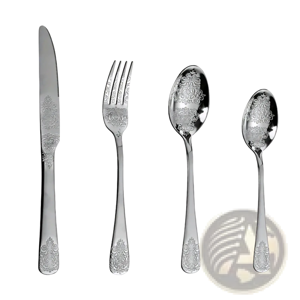 Elegant silver-toned stainless steel gold cutlery set with intricate damask floral patterns on handles and bowls