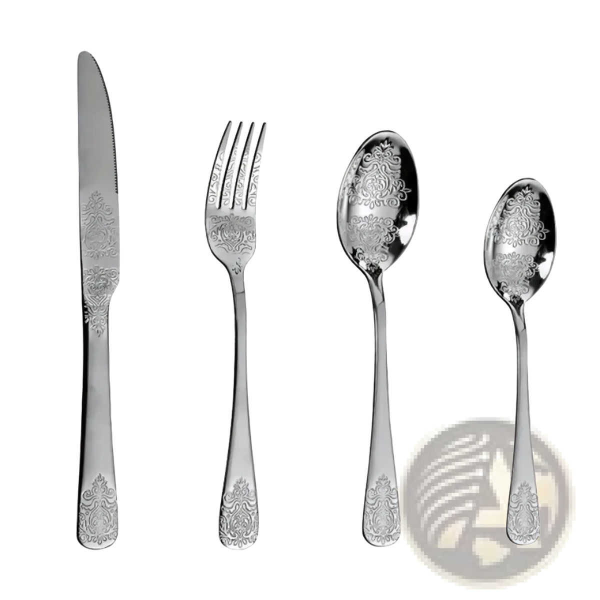 Elegant silver-toned stainless steel gold cutlery set with intricate damask floral patterns on handles and bowls
