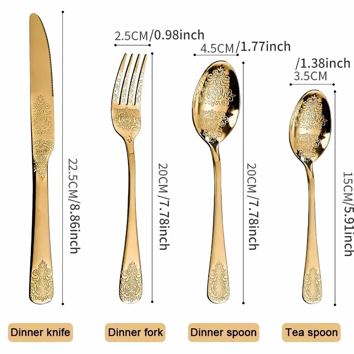 Gold cutlery set stainless steel flatware with gold tone and ornate embossed floral patterns on each piece