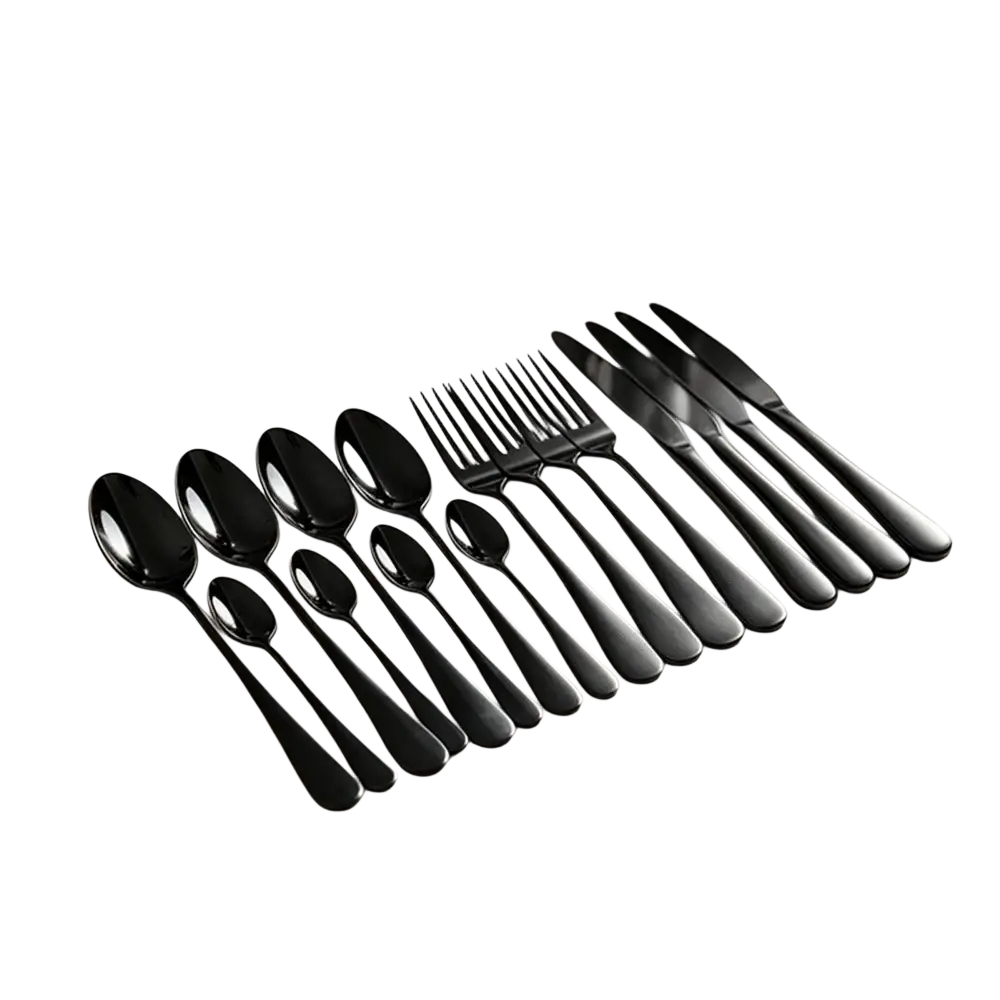 Black matte-finish stainless steel cutlery set with sleek modern handles in a gold cutlery set stainless steel tableware collection