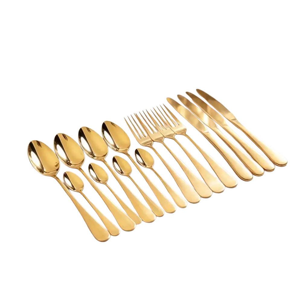 Gold stainless steel cutlery set with sleek modern handles and polished surfaces for elegant tableware use