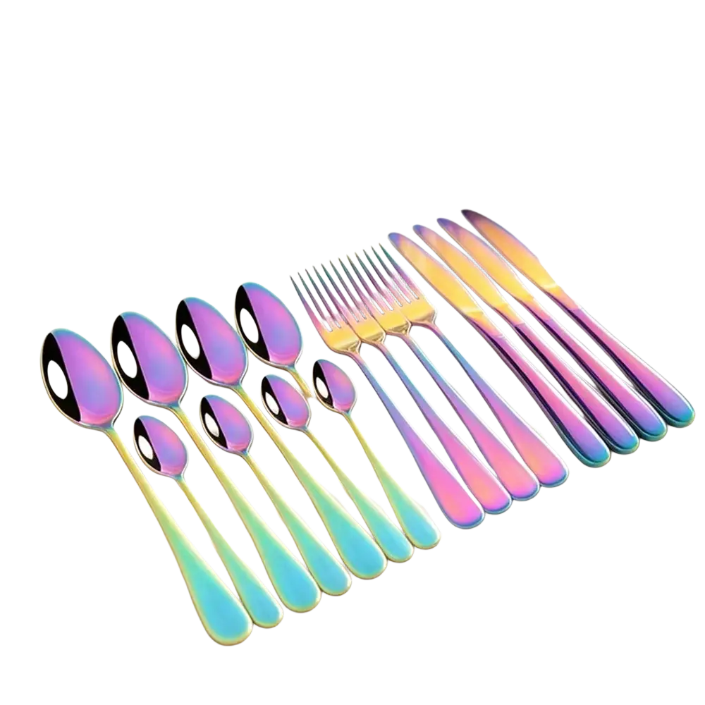 Gold cutlery set featuring rainbow iridescent stainless steel tableware with a sleek modern design