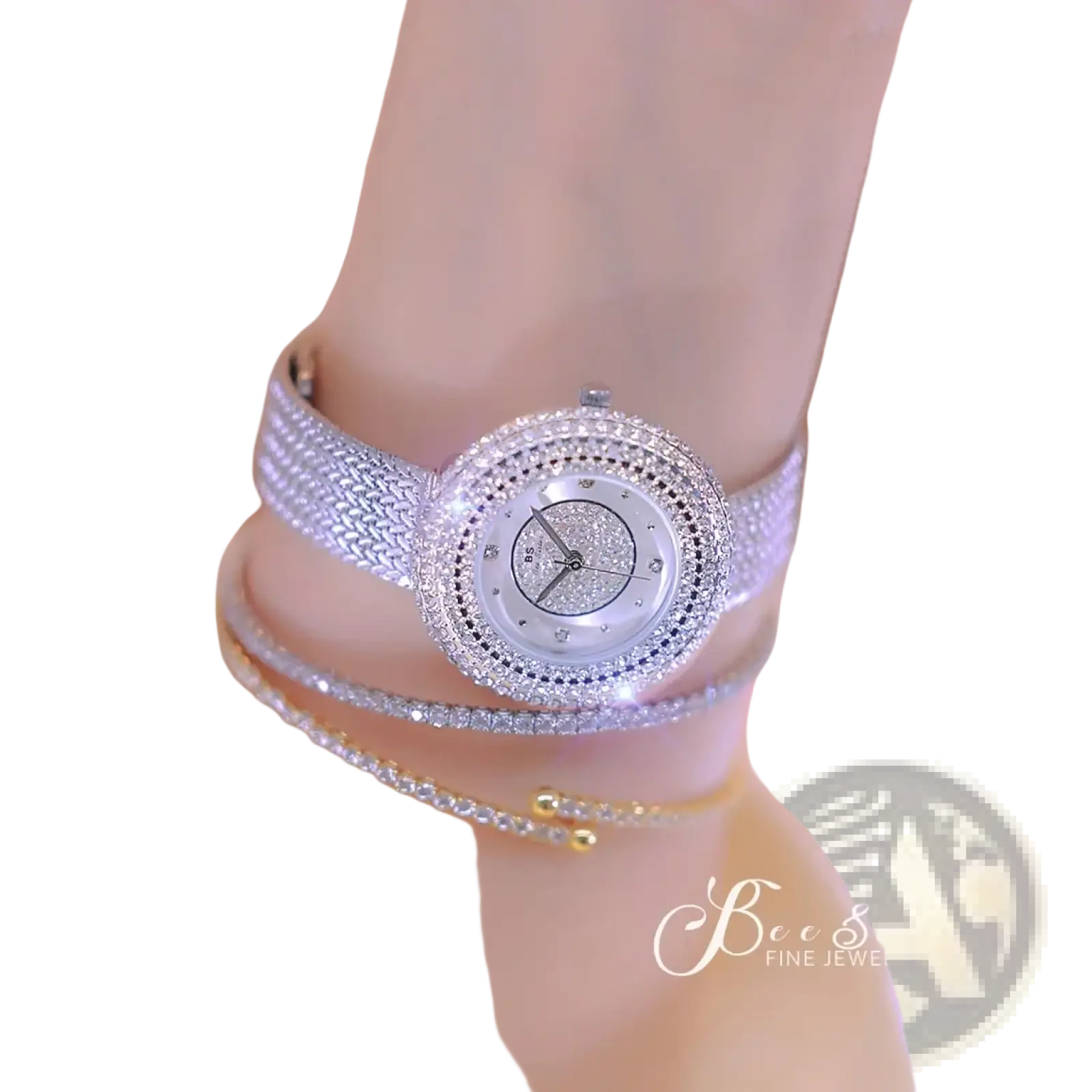 A sparkling silver luxury women watch with diamond-encrusted bezel and woven band featuring a glittering face