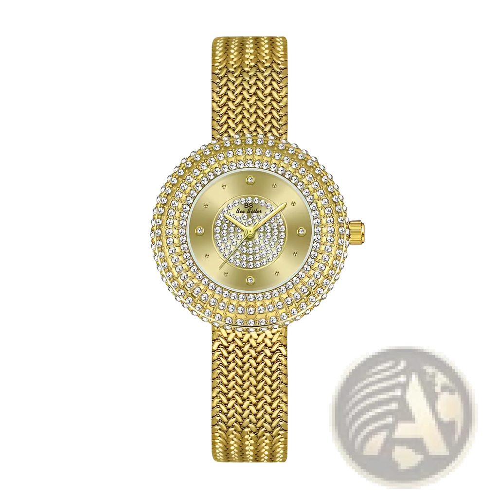 Gold-tone diamond-encrusted mesh women watch with a sparkling bezel and face luxury waterproof design