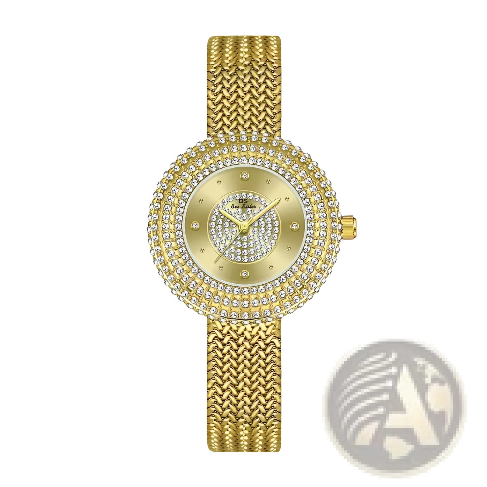 Gold-tone diamond-encrusted mesh women watch with a sparkling bezel and face luxury waterproof design
