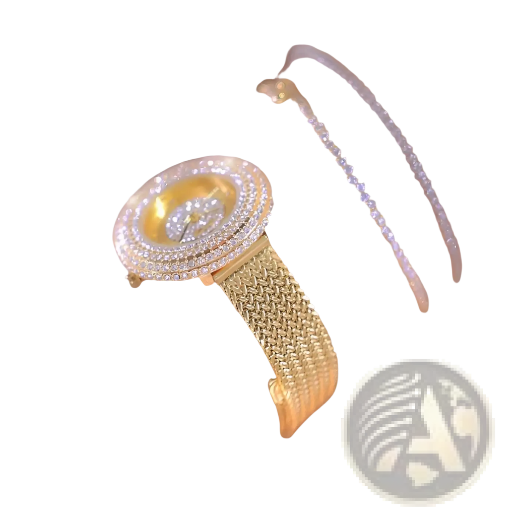 Gold-toned luxury women watch with diamond-encrusted circular face and intricate mesh band waterproof design