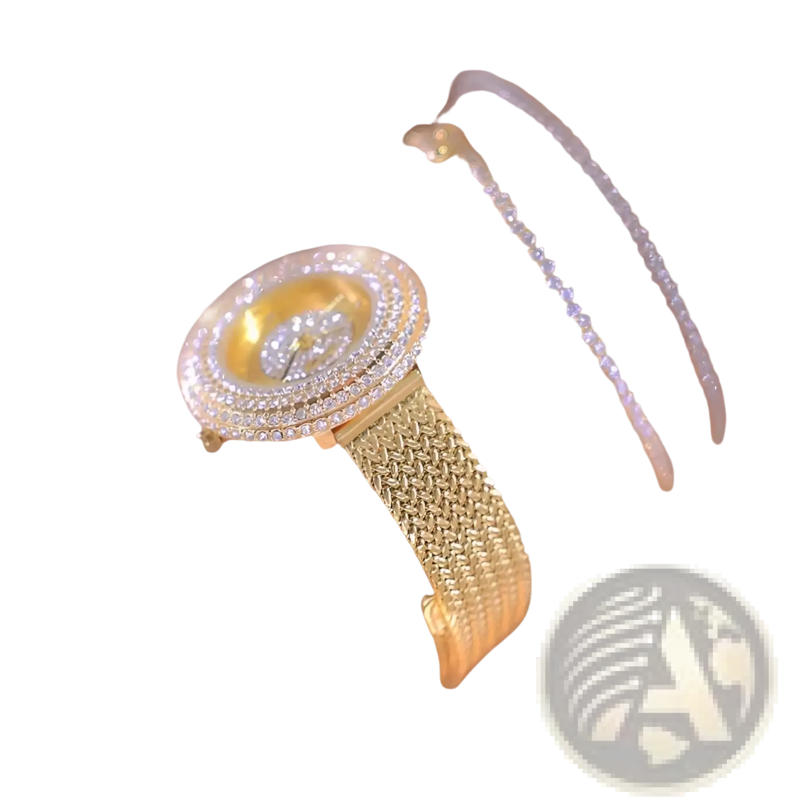 Gold-toned luxury women watch with diamond-encrusted circular face and intricate mesh band waterproof design