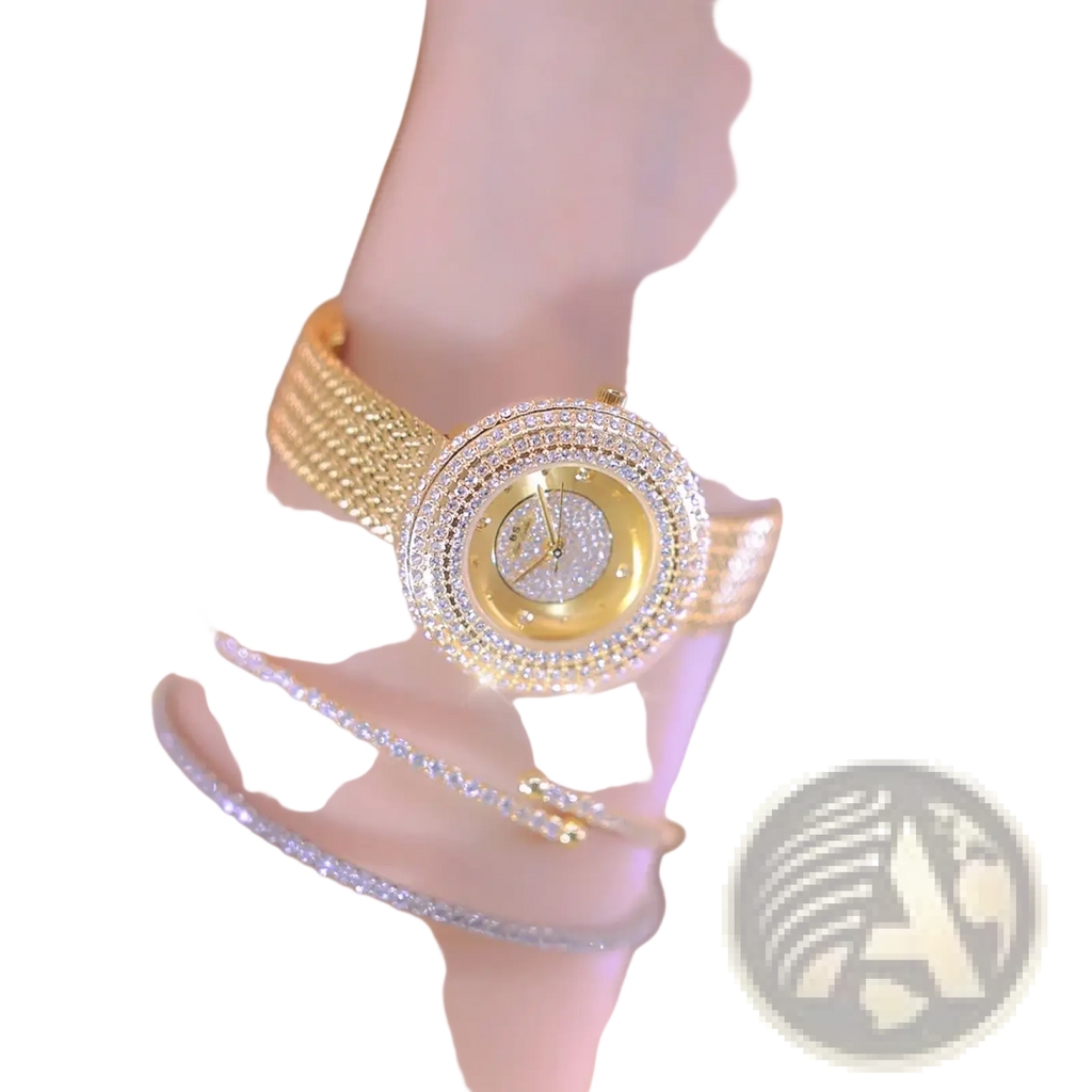 Gold diamond mesh women watch luxury waterproof with gold-toned diamond-encrusted bezel and intricate mesh band