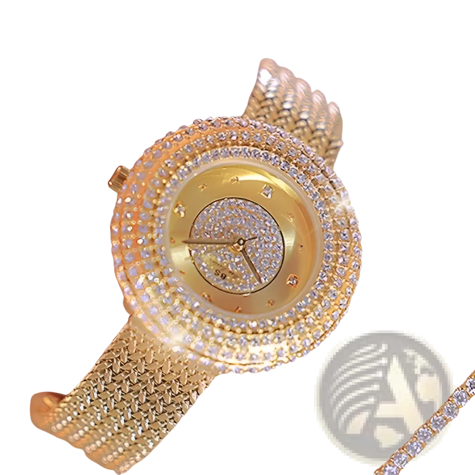 Gold diamond mesh women watch luxury waterproof with a gold-toned diamond-encrusted face and elegant circular mesh band